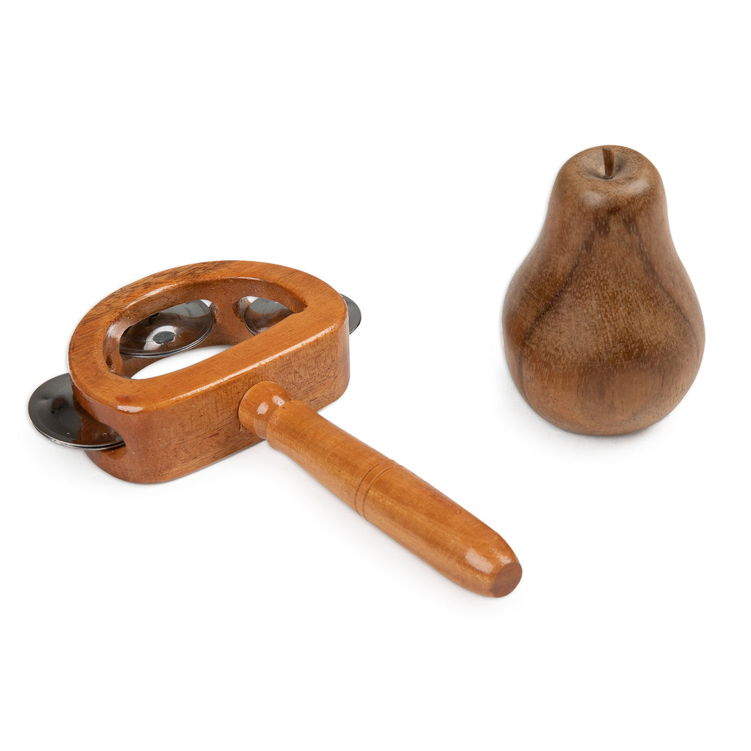 Carved Teak Wood and Stainless Steel Tambourine with Handle - Joyous Rhythm