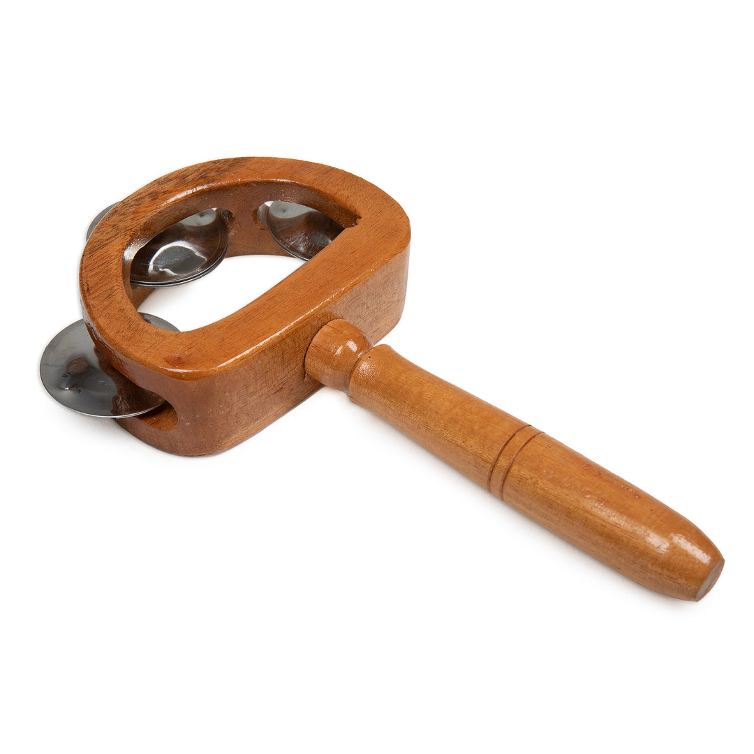 Carved Teak Wood and Stainless Steel Tambourine with Handle - Joyous Rhythm