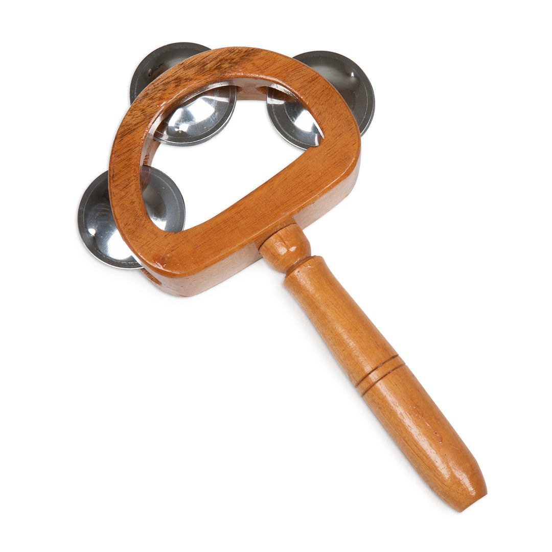 Carved Teak Wood and Stainless Steel Tambourine with Handle - Joyous Rhythm