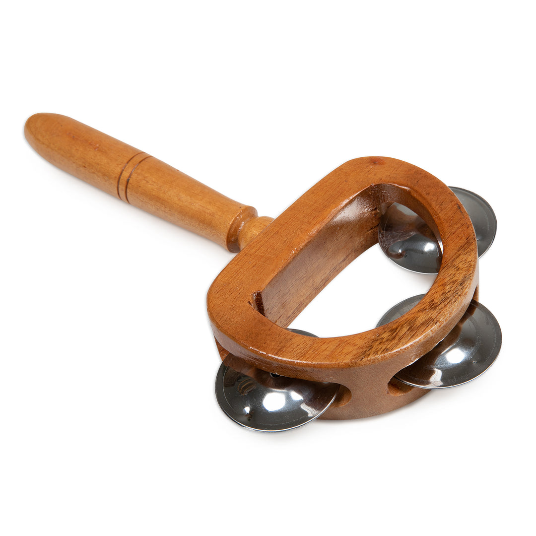 Carved Teak Wood and Stainless Steel Tambourine with Handle - Joyous Rhythm