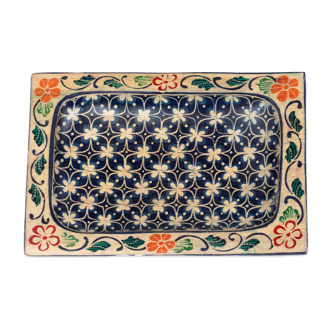 Handmade Clover Patterned Midnight Blue Pule Wood Catchall - Nocturnal Clover