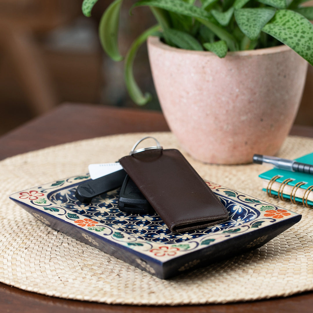 Handmade Clover Patterned Midnight Blue Pule Wood Catchall - Nocturnal Clover