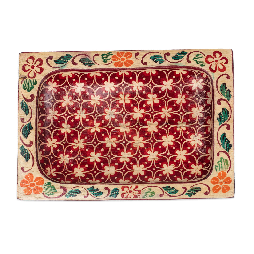 Javanese Clover Patterned Crimson Red Pule Wood Catchall - Flaming Clover