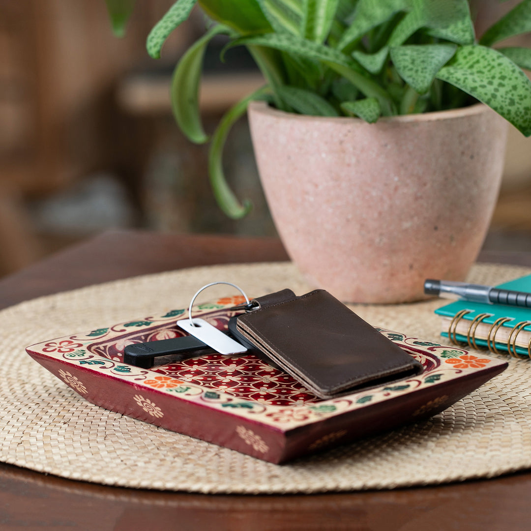 Javanese Clover Patterned Crimson Red Pule Wood Catchall - Flaming Clover