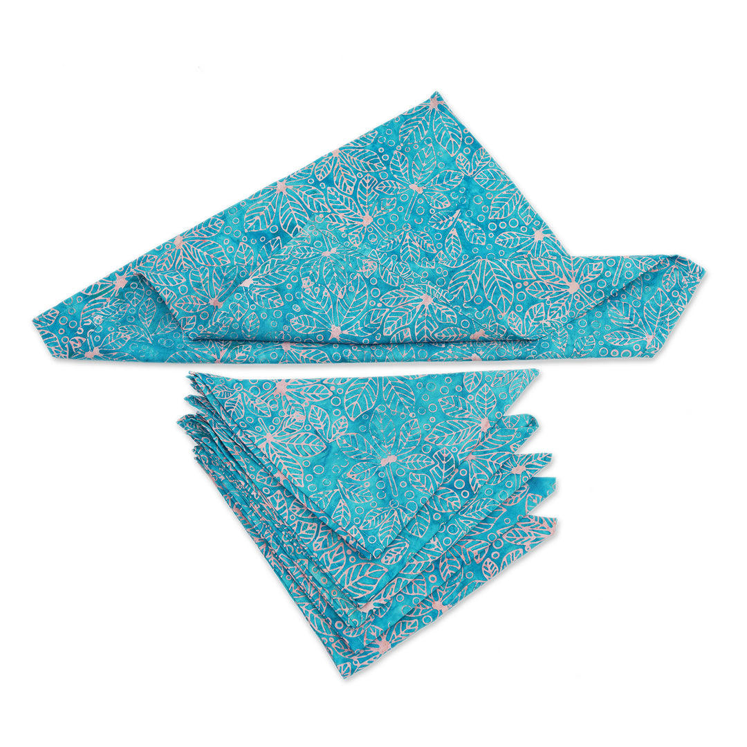 Nature-Inspired Leafy 6-Piece Turquoise Batik Napkin Set - Turquoise Banquet