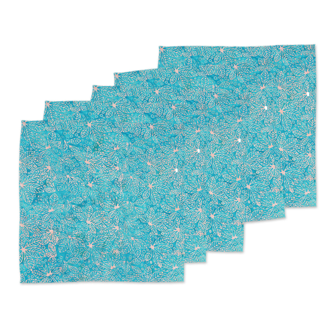 Nature-Inspired Leafy 6-Piece Turquoise Batik Napkin Set - Turquoise Banquet