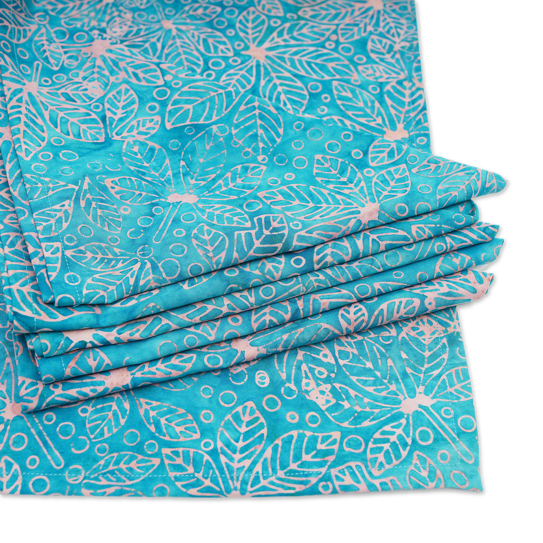 Nature-Inspired Leafy 6-Piece Turquoise Batik Napkin Set - Turquoise Banquet