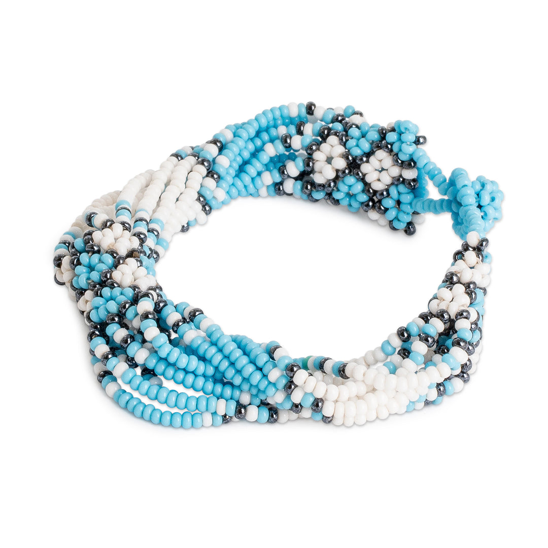 Handmade Blue and White Glass Beaded Wristband Bracelet - Flower Harmony in Heaven