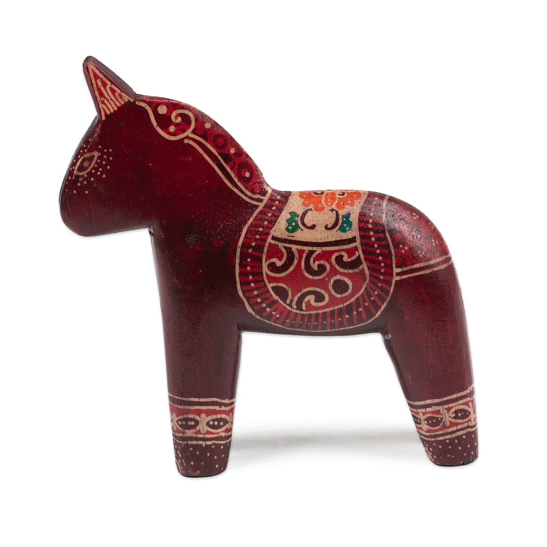Folk Art-Themed Batik Crimson-Red Pule Wood Horse Sculpture - Crimson Dala Horse