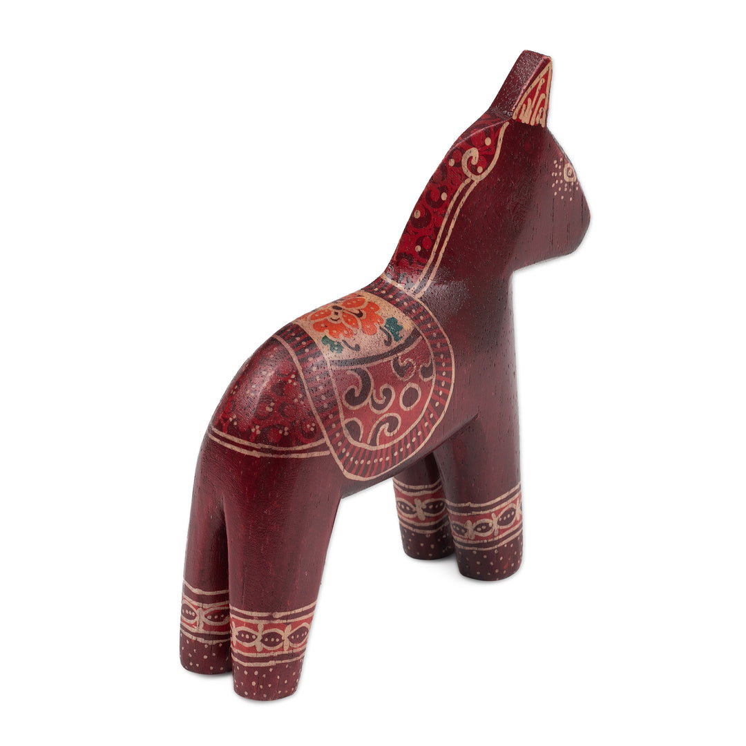 Folk Art-Themed Batik Crimson-Red Pule Wood Horse Sculpture - Crimson Dala Horse