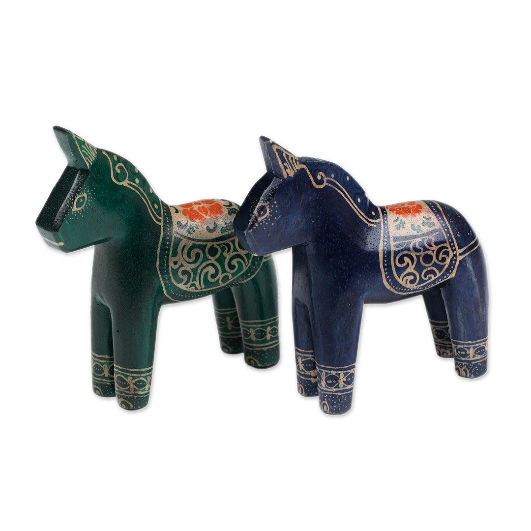Pair of Hand-Painted Batik Dala Horse-Themed Wood Figurines - Colorful Dala Horses