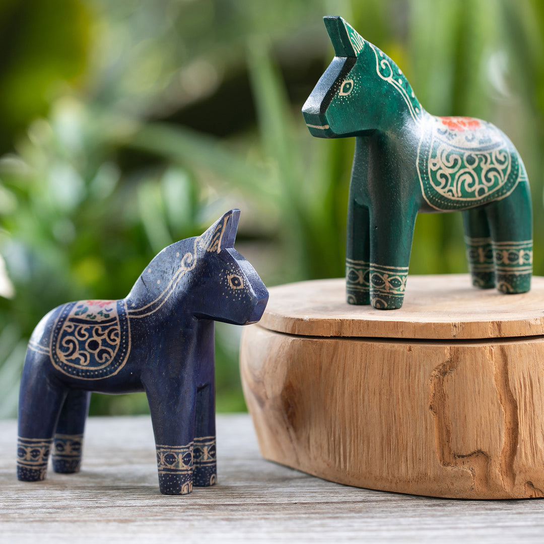 Pair of Hand-Painted Batik Dala Horse-Themed Wood Figurines - Colorful Dala Horses