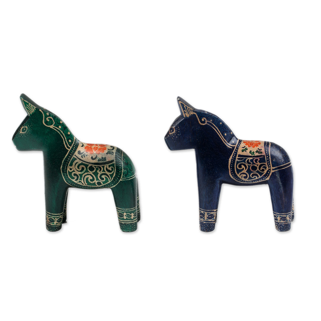 Pair of Hand-Painted Batik Dala Horse-Themed Wood Figurines - Colorful Dala Horses