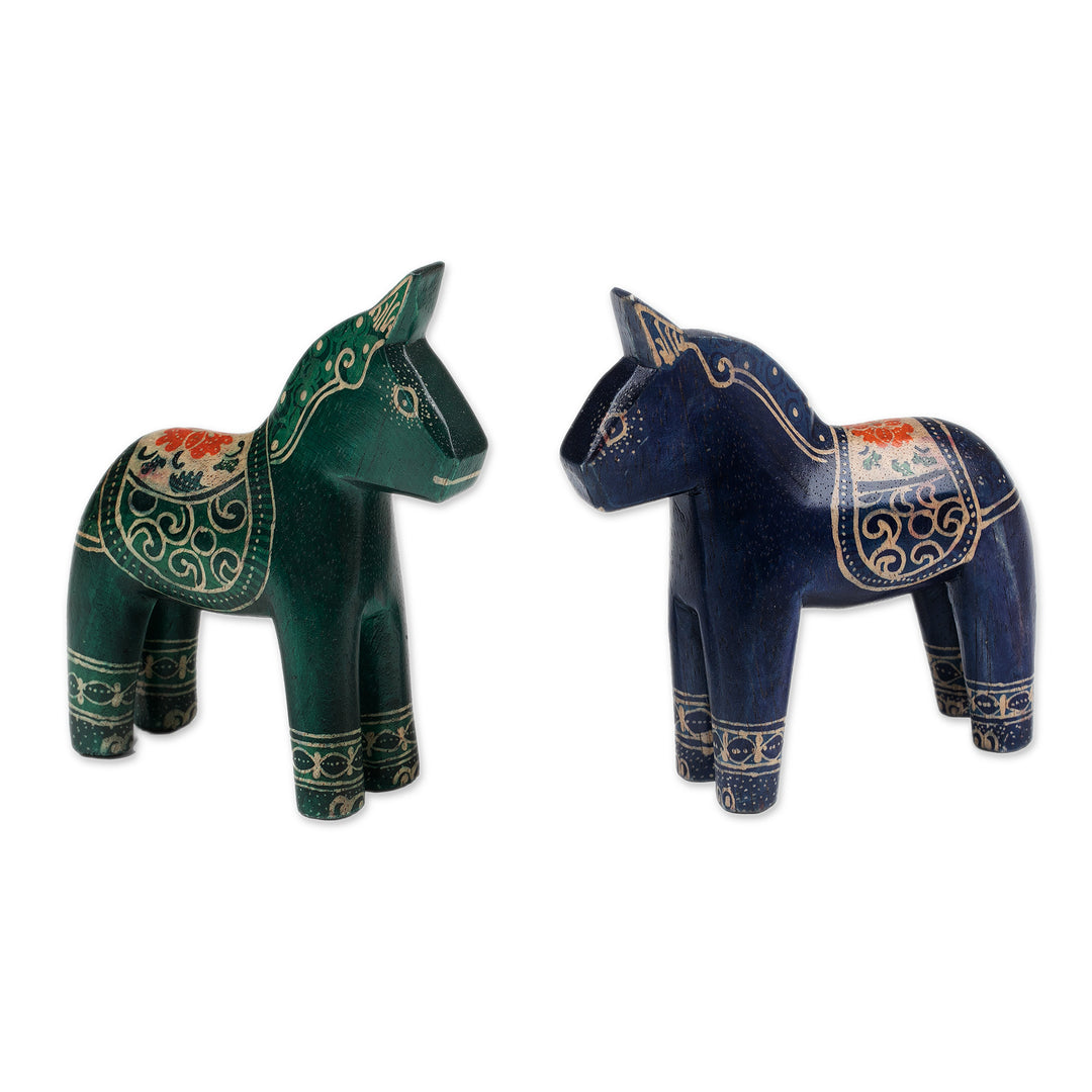 Pair of Hand-Painted Batik Dala Horse-Themed Wood Figurines - Colorful Dala Horses