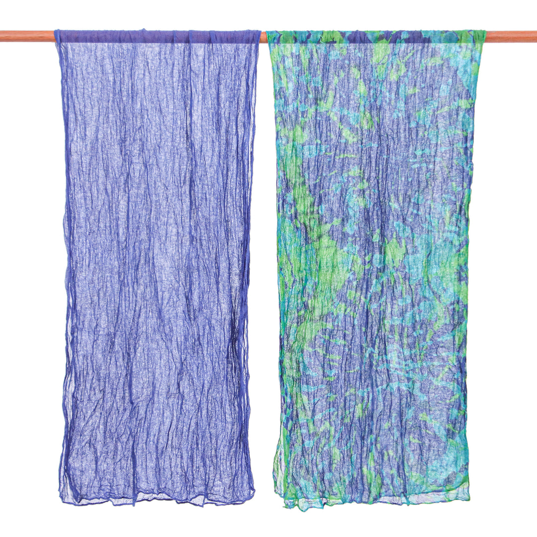 2 Tie-Dyed Hand-Woven Blue and Green Batik Cotton Scarves - Sea Splendor