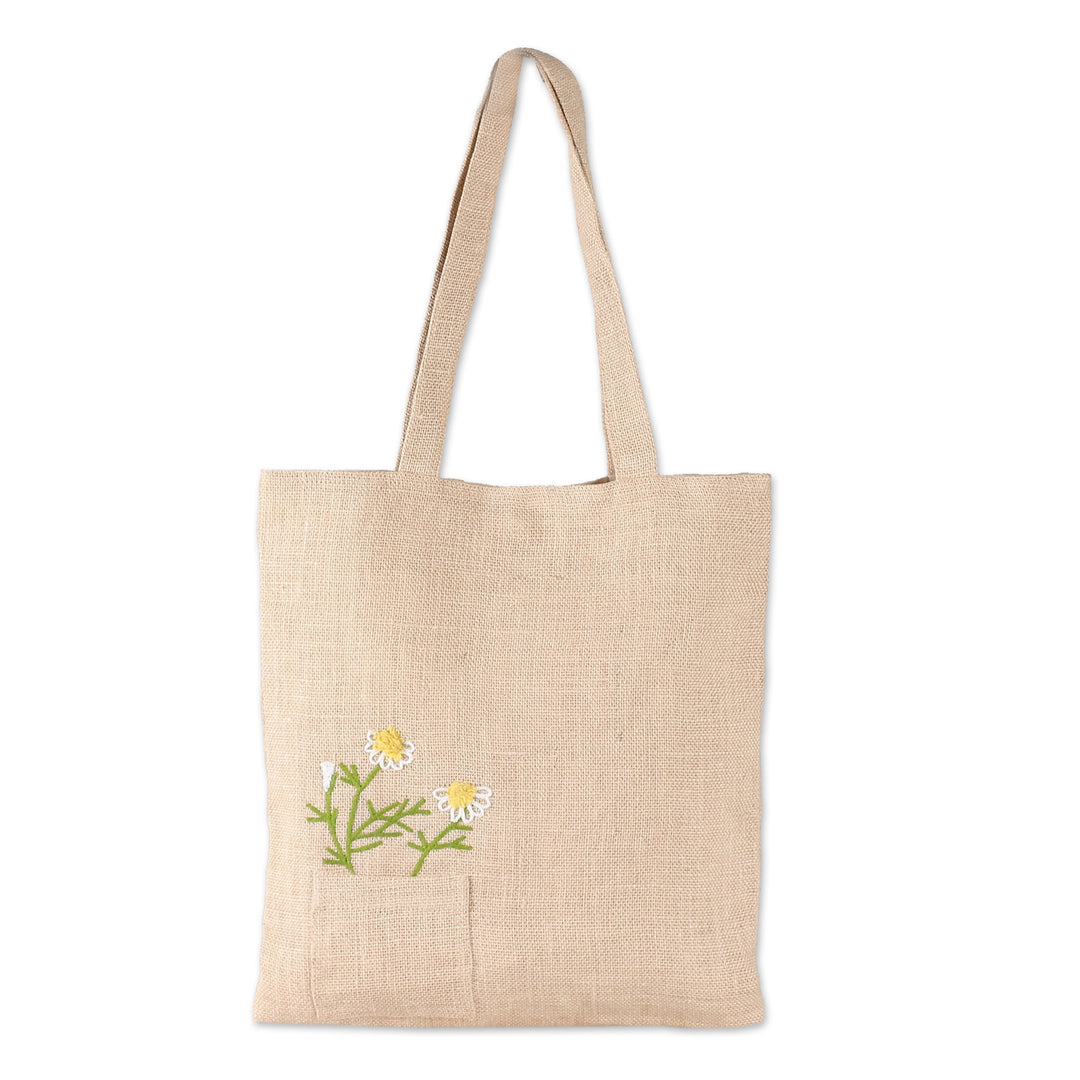 Daisy-Themed Acrylic Embroidered Jute Tote Bag in Beige Hues - Daisy Days