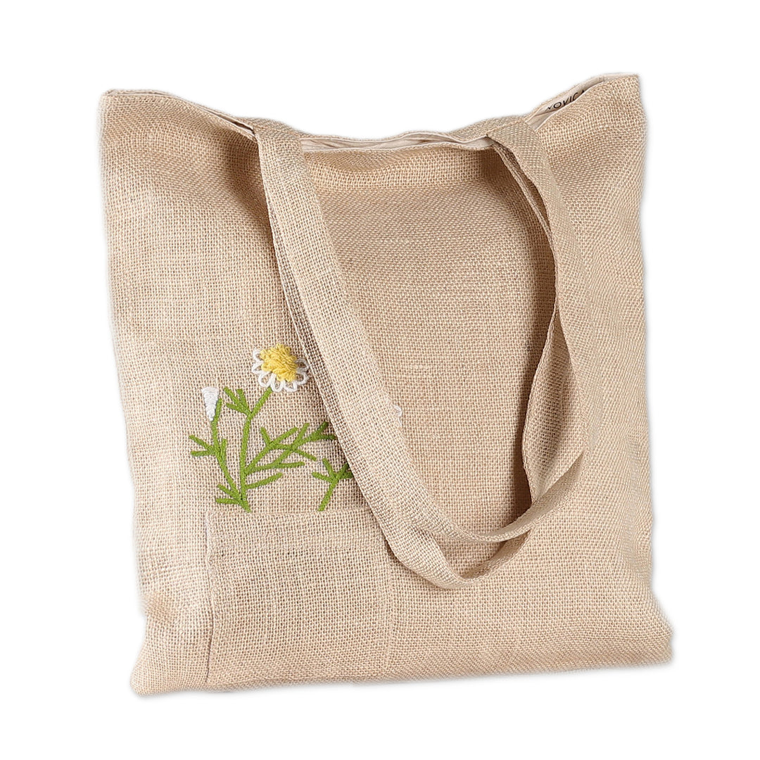 Daisy-Themed Acrylic Embroidered Jute Tote Bag in Beige Hues - Daisy Days