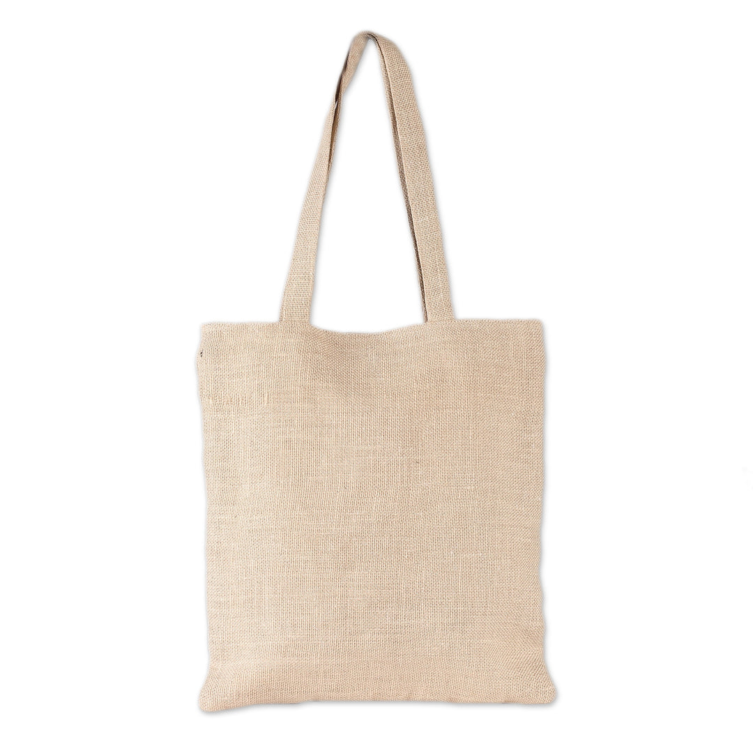 Daisy-Themed Acrylic Embroidered Jute Tote Bag in Beige Hues - Daisy Days