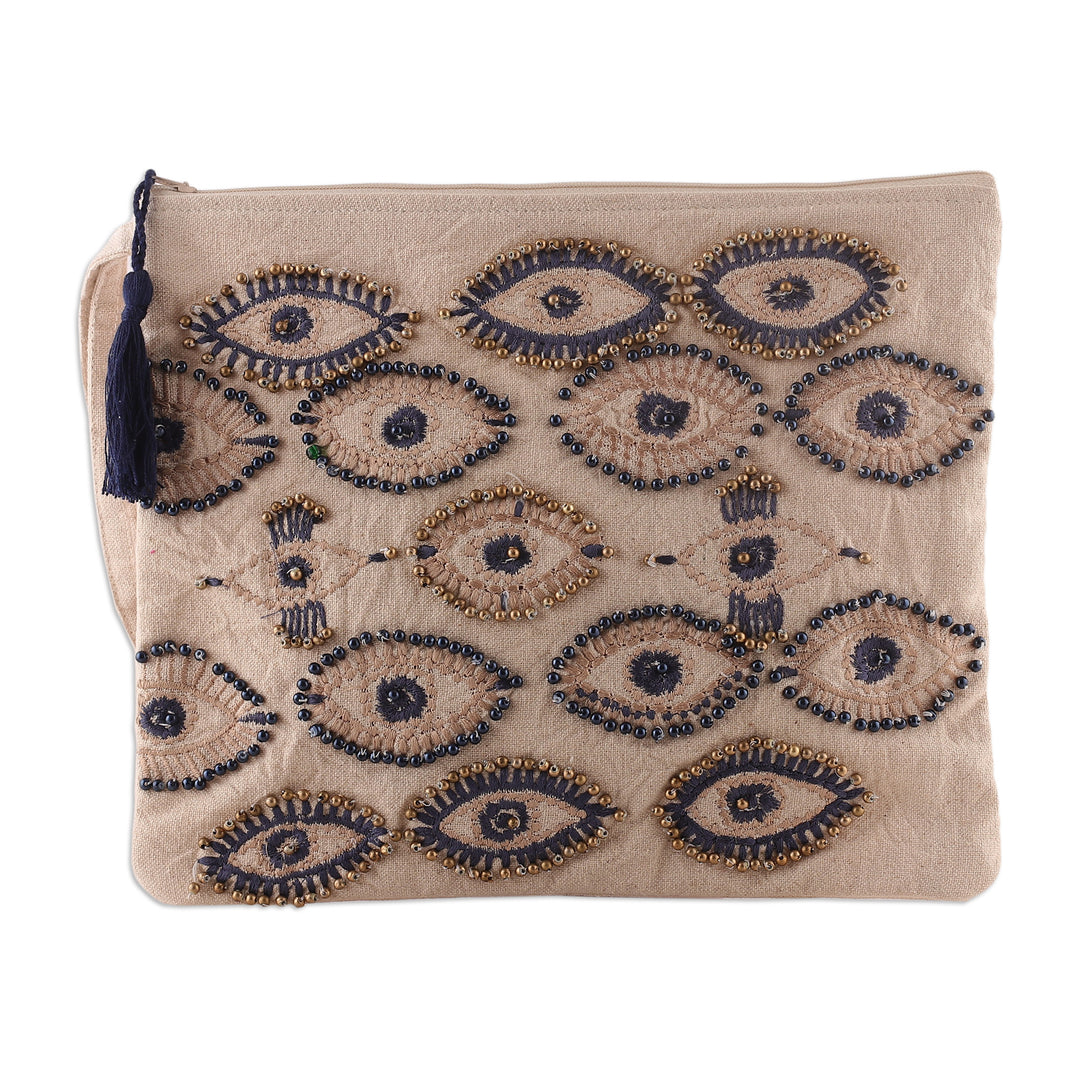 Beaded Embroidered Cotton Cosmetic Bag in Ivory and Blue - Beaded Gaze