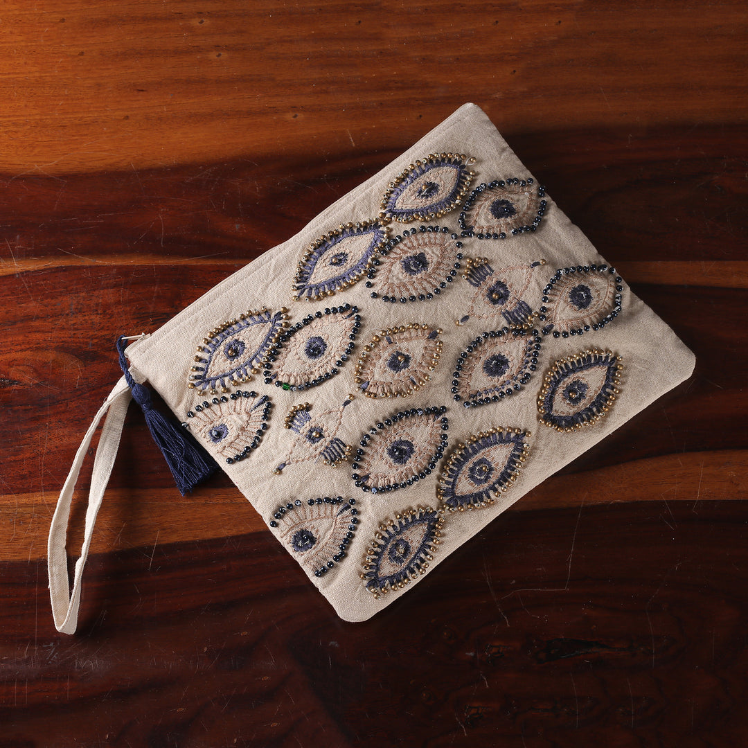 Beaded Embroidered Cotton Cosmetic Bag in Ivory and Blue - Beaded Gaze
