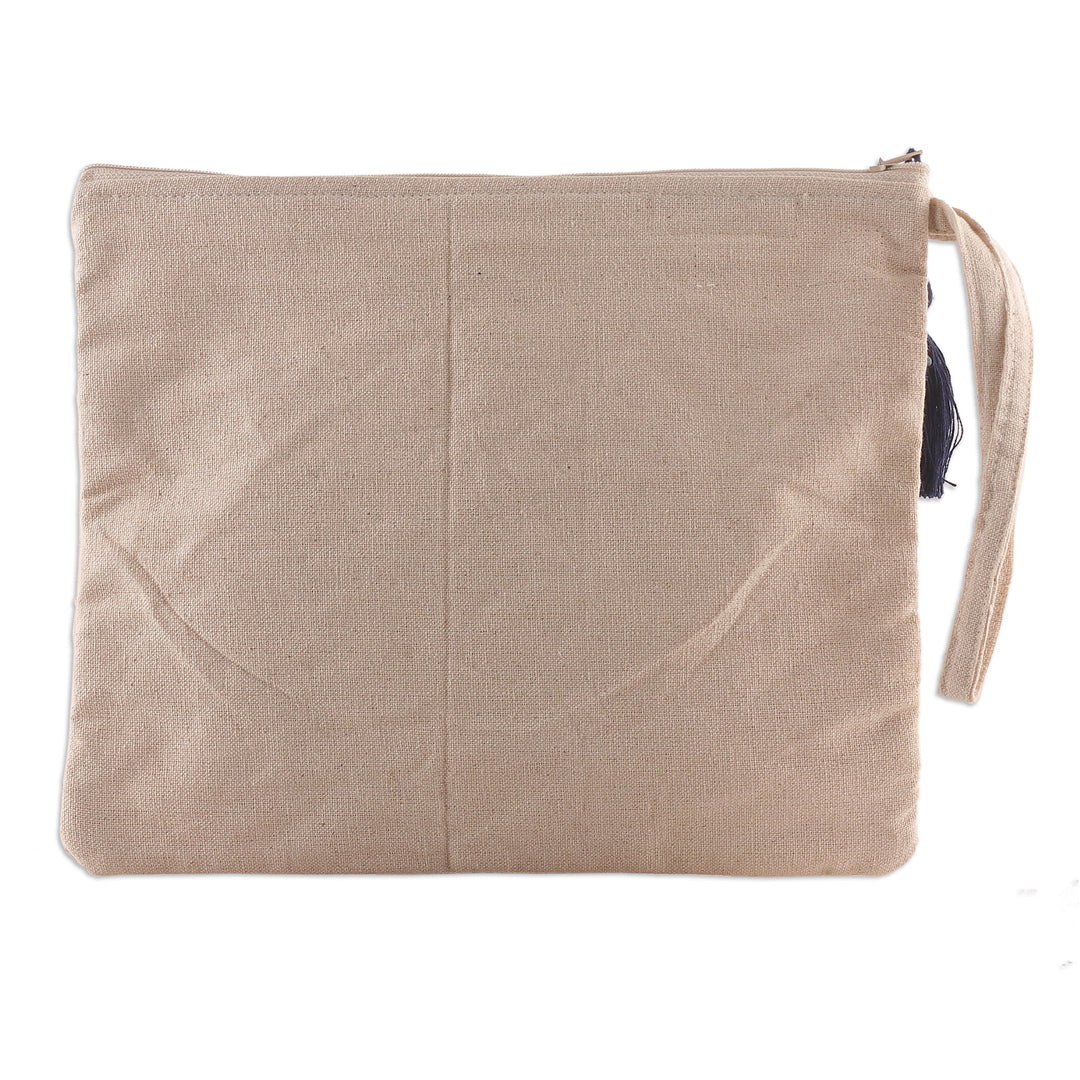 Beaded Embroidered Cotton Cosmetic Bag in Ivory and Blue - Beaded Gaze