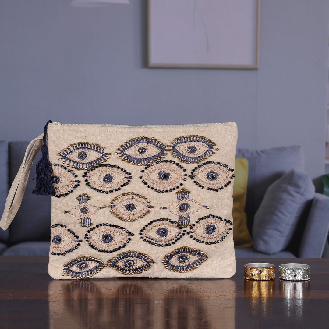 Beaded Embroidered Cotton Cosmetic Bag in Ivory and Blue - Beaded Gaze