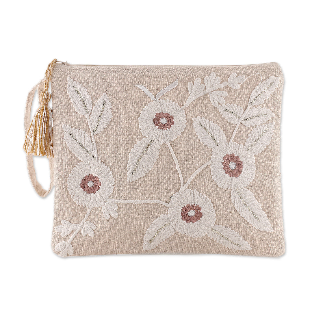 Floral Beige and Ivory Embroidered 100% Cotton Cosmetic Bag - Tranquil Spring