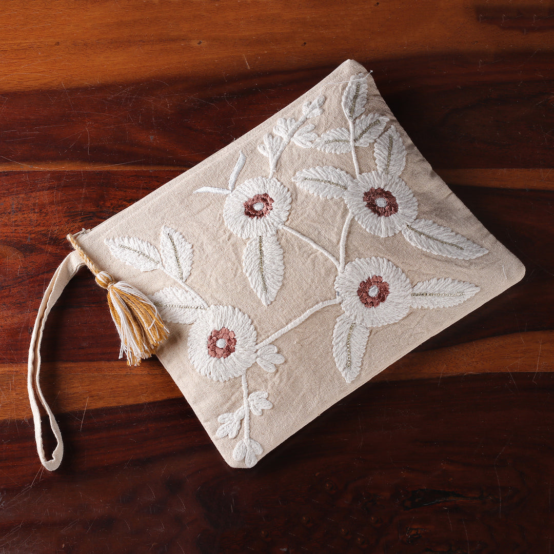 Floral Beige and Ivory Embroidered 100% Cotton Cosmetic Bag - Tranquil Spring