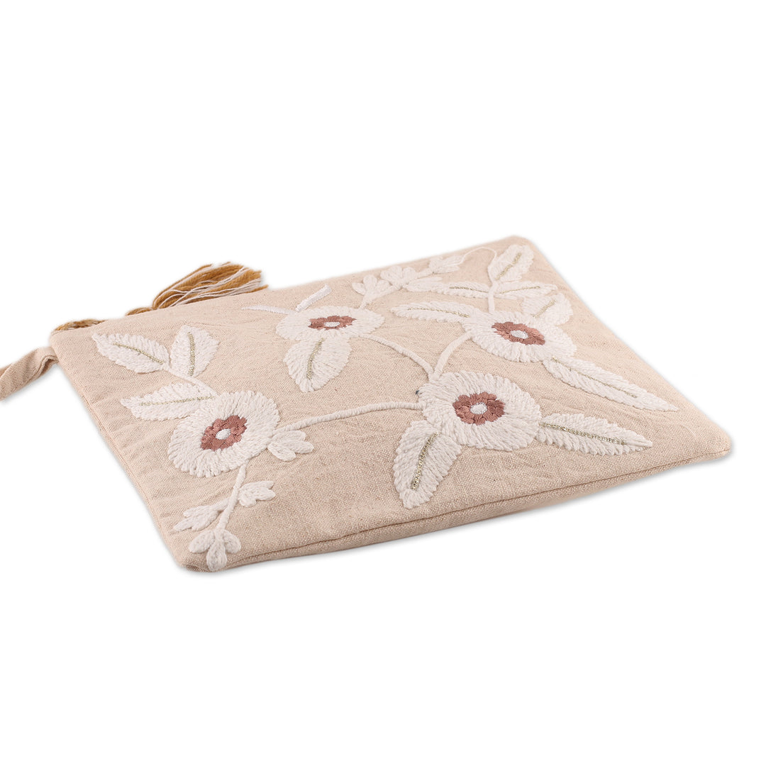 Floral Beige and Ivory Embroidered 100% Cotton Cosmetic Bag - Tranquil Spring