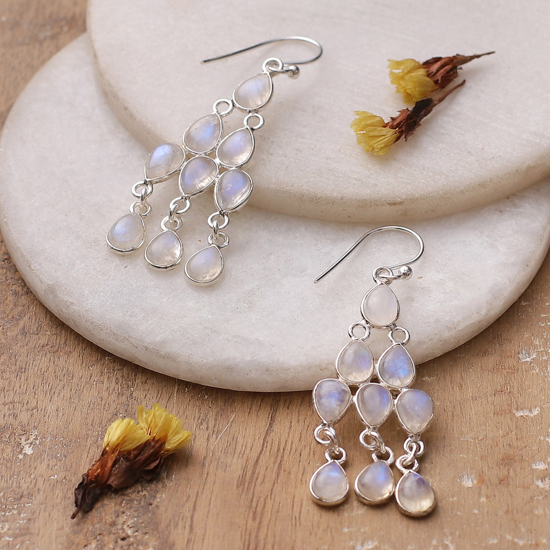 Rainbow Moonstone Silver Chandelier Earrings from India - Iridescent Cascade