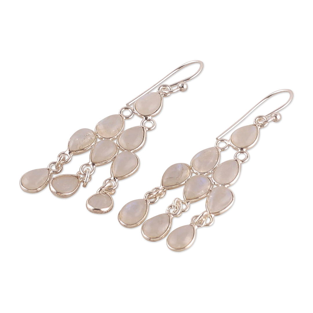 Rainbow Moonstone Silver Chandelier Earrings from India - Iridescent Cascade