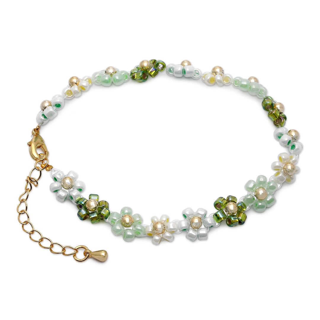 18k Gold-Accented Crystal Beaded Bracelet in Green and Aqua - Lagoon Petals