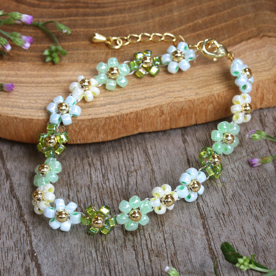 18k Gold-Accented Crystal Beaded Bracelet in Green and Aqua - Lagoon Petals