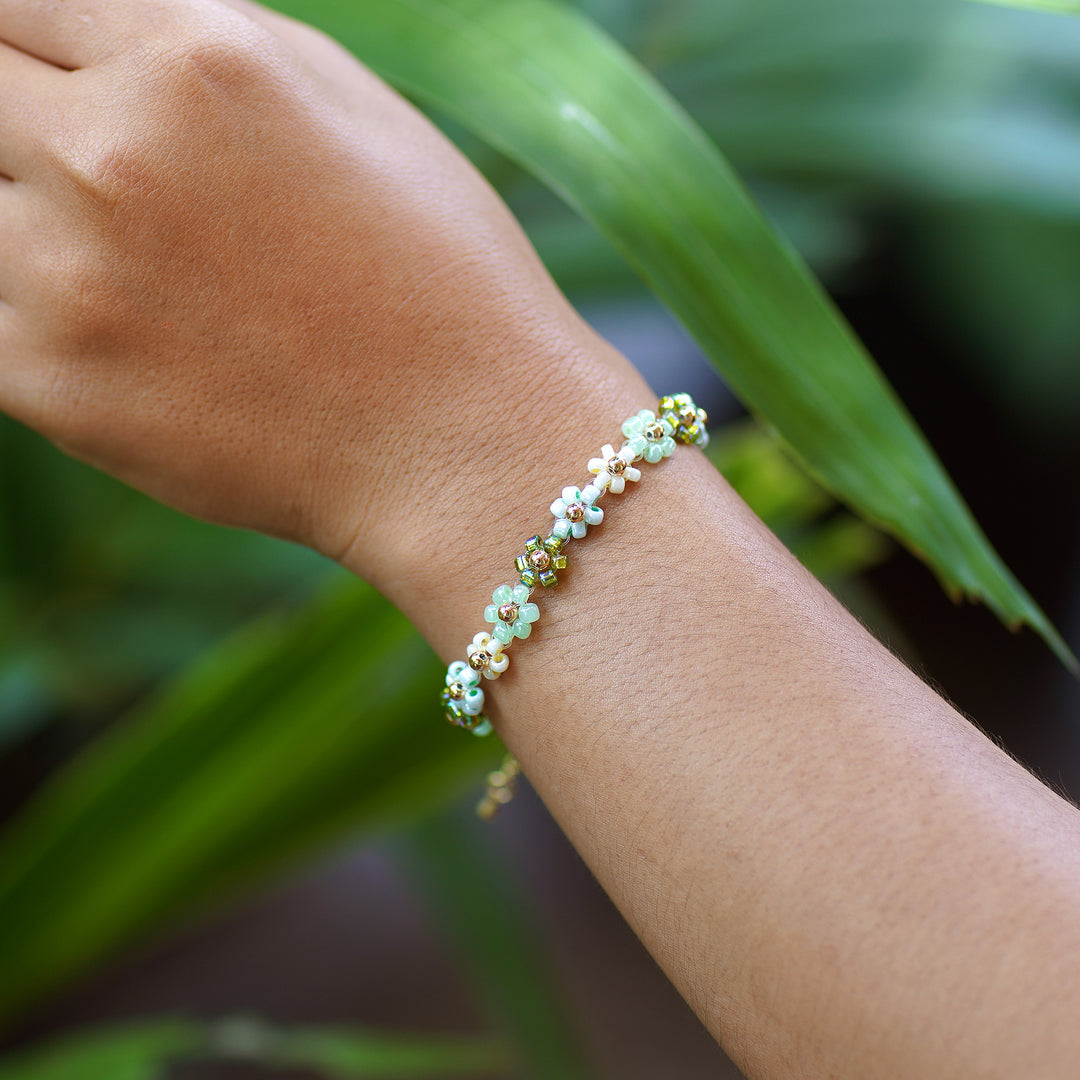 18k Gold-Accented Crystal Beaded Bracelet in Green and Aqua - Lagoon Petals