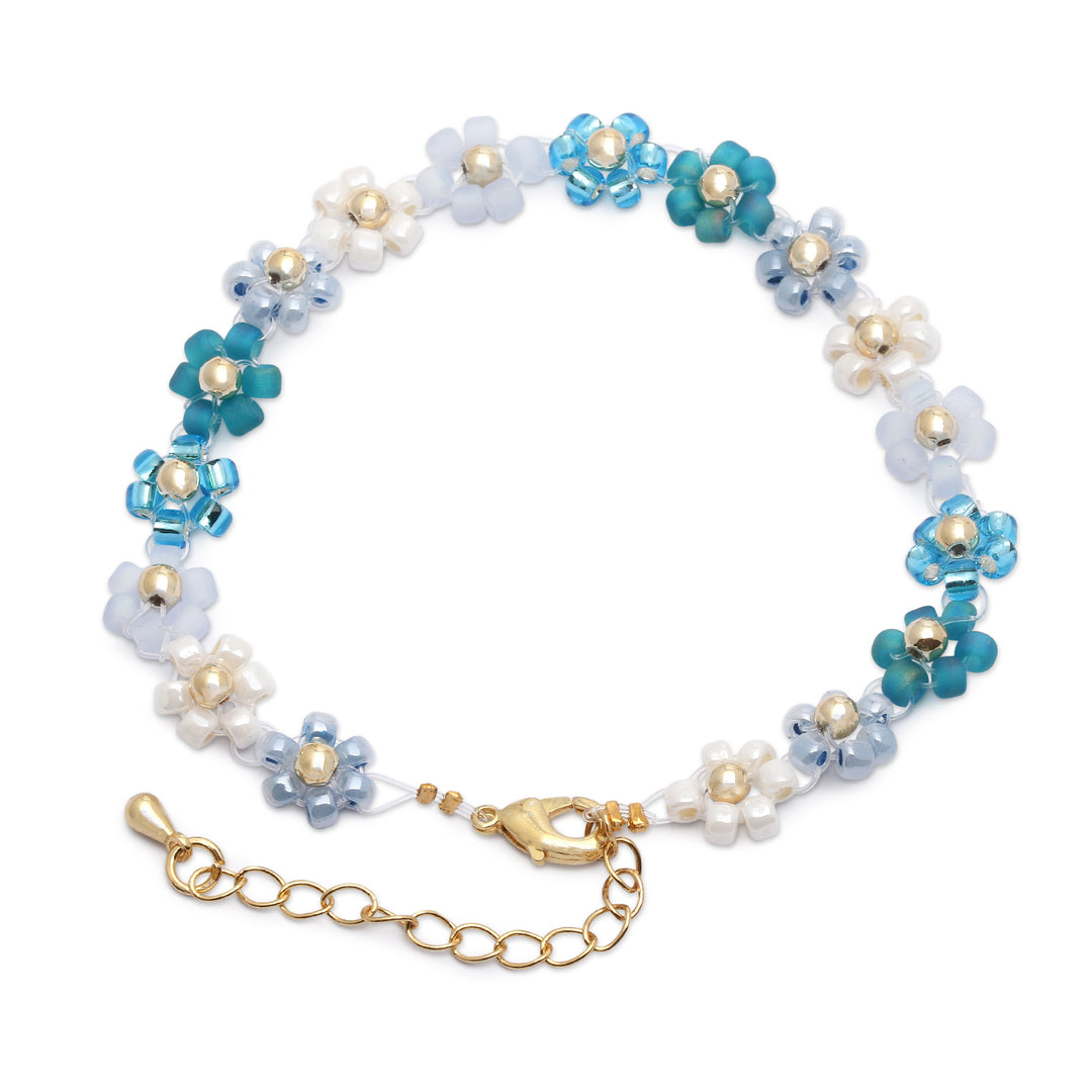 Blue and Turquoise Crystal Beaded Bracelet with Gold Accents - Moonlight Petals