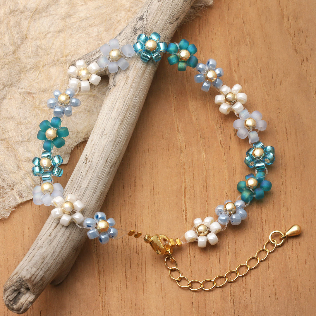 Blue and Turquoise Crystal Beaded Bracelet with Gold Accents - Moonlight Petals