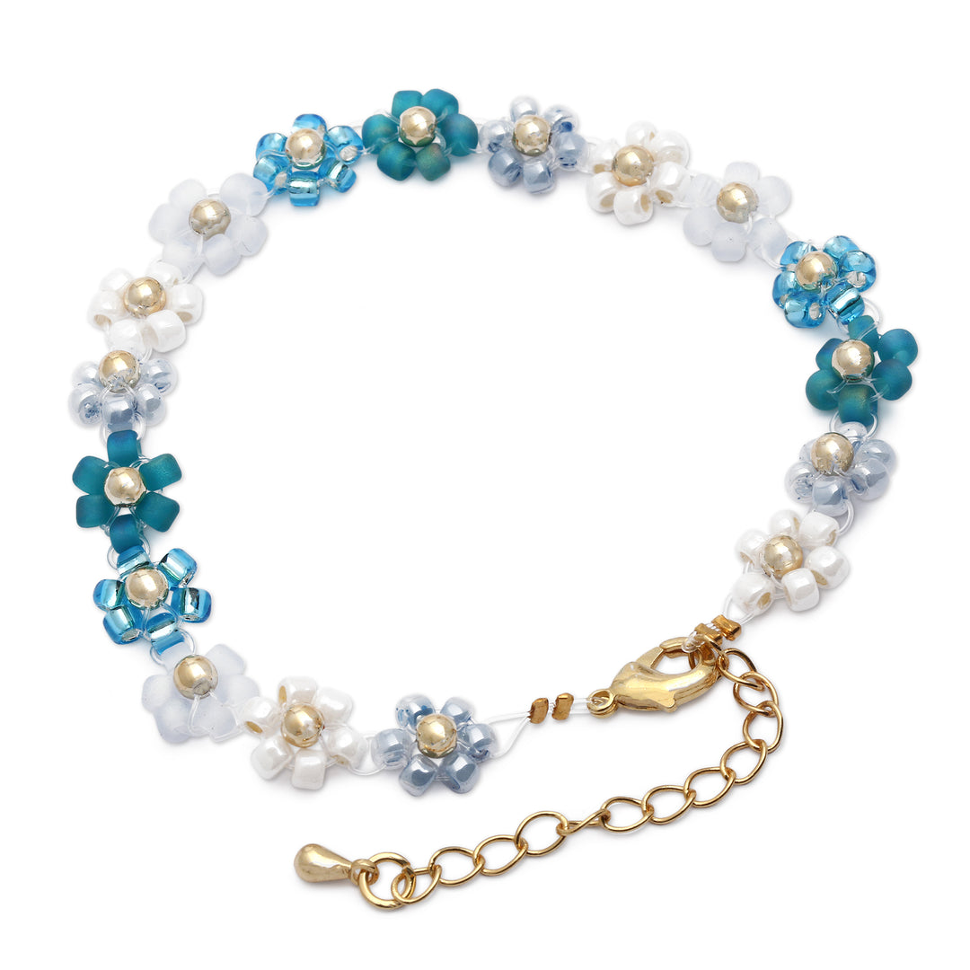 Blue and Turquoise Crystal Beaded Bracelet with Gold Accents - Moonlight Petals