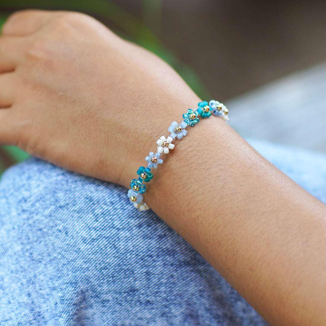 Blue and Turquoise Crystal Beaded Bracelet with Gold Accents - Moonlight Petals
