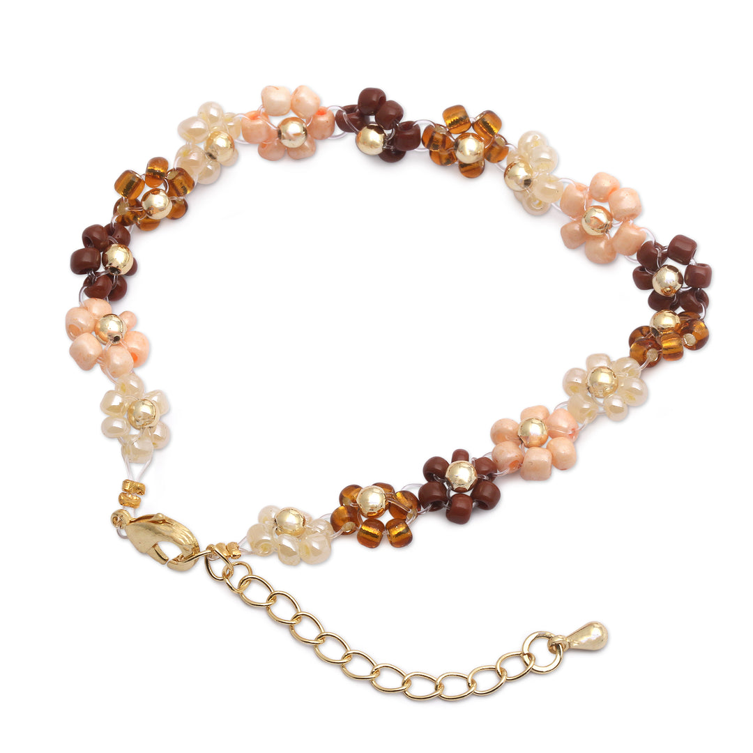 Floral Gold-Accented Crystal Beaded Bracelet in Warm Hues - Bohemian Petals