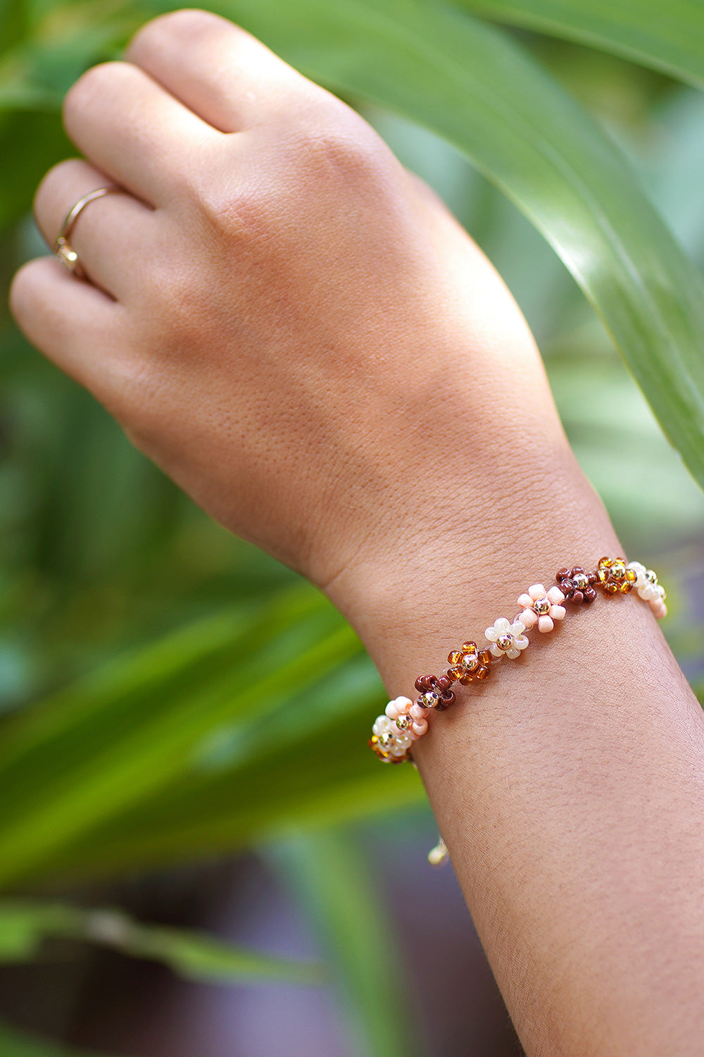 Floral Gold-Accented Crystal Beaded Bracelet in Warm Hues - Bohemian Petals