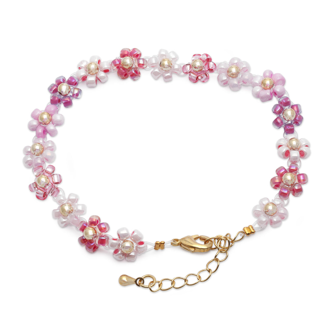 Floral Adjustable Pink and Purple Crystal Beaded Bracelet - Graceful Petals