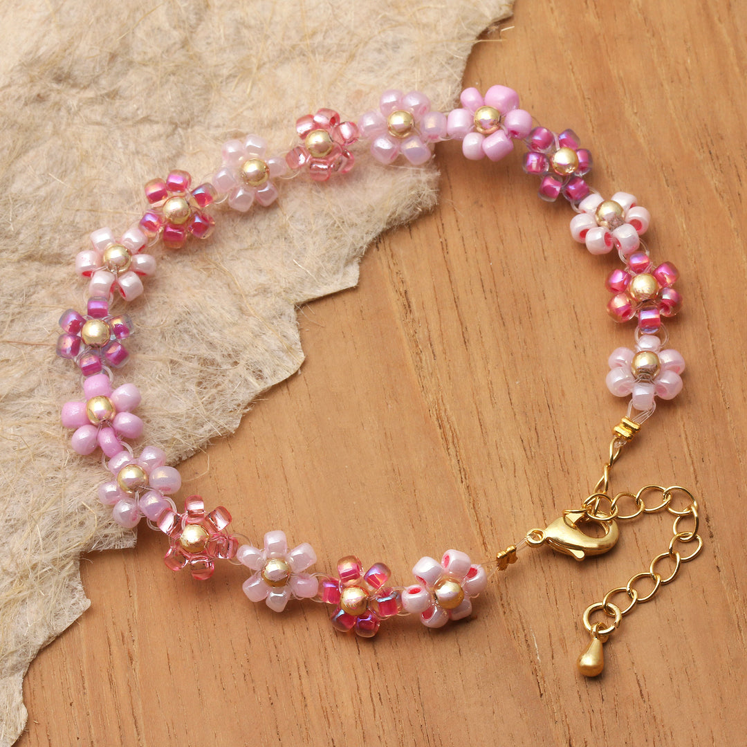 Floral Adjustable Pink and Purple Crystal Beaded Bracelet - Graceful Petals