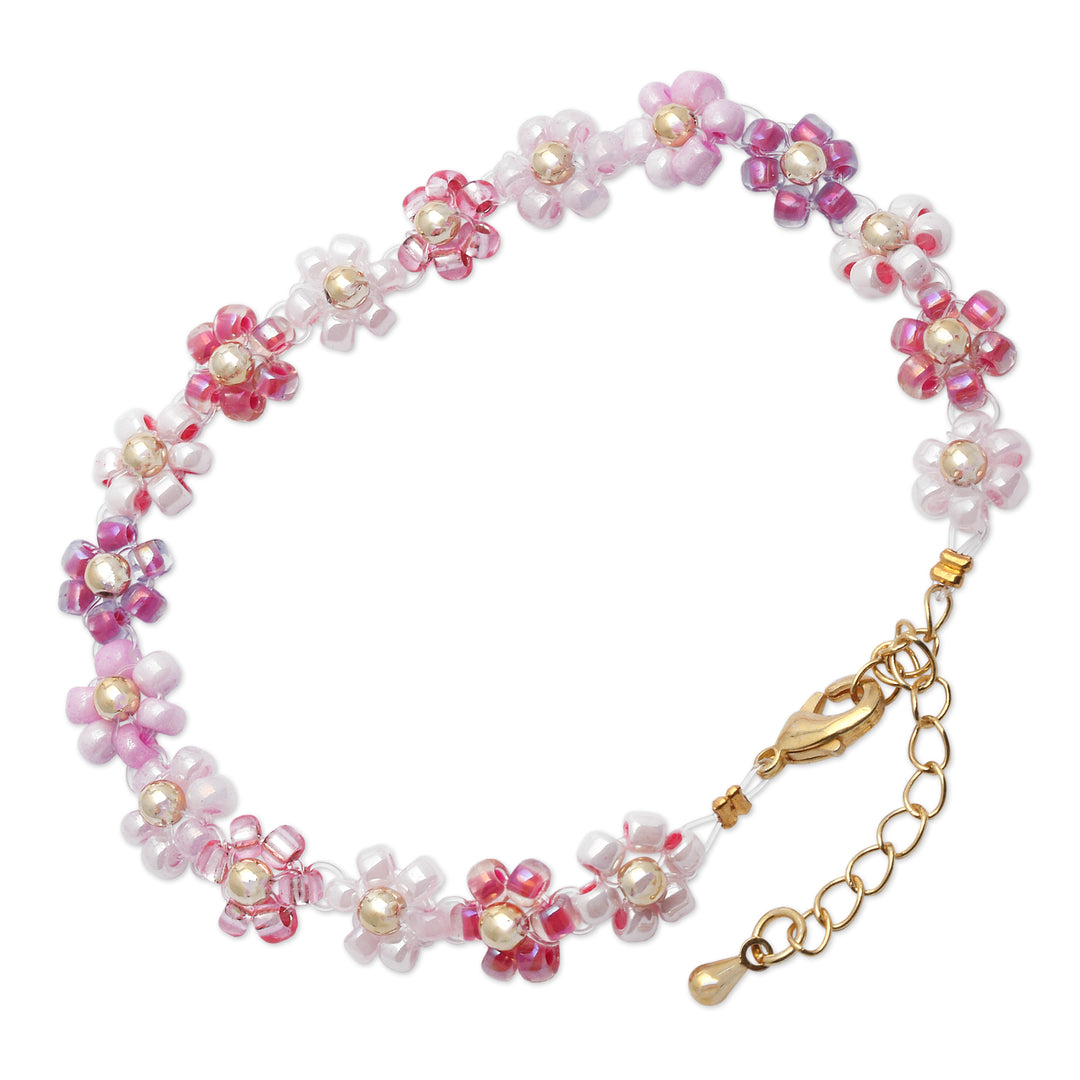 Floral Adjustable Pink and Purple Crystal Beaded Bracelet - Graceful Petals