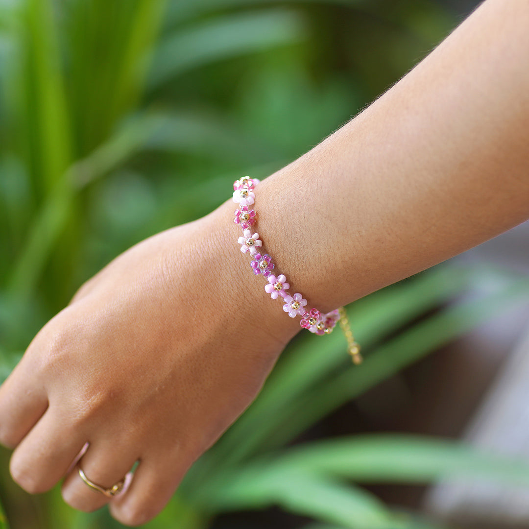 Floral Adjustable Pink and Purple Crystal Beaded Bracelet - Graceful Petals