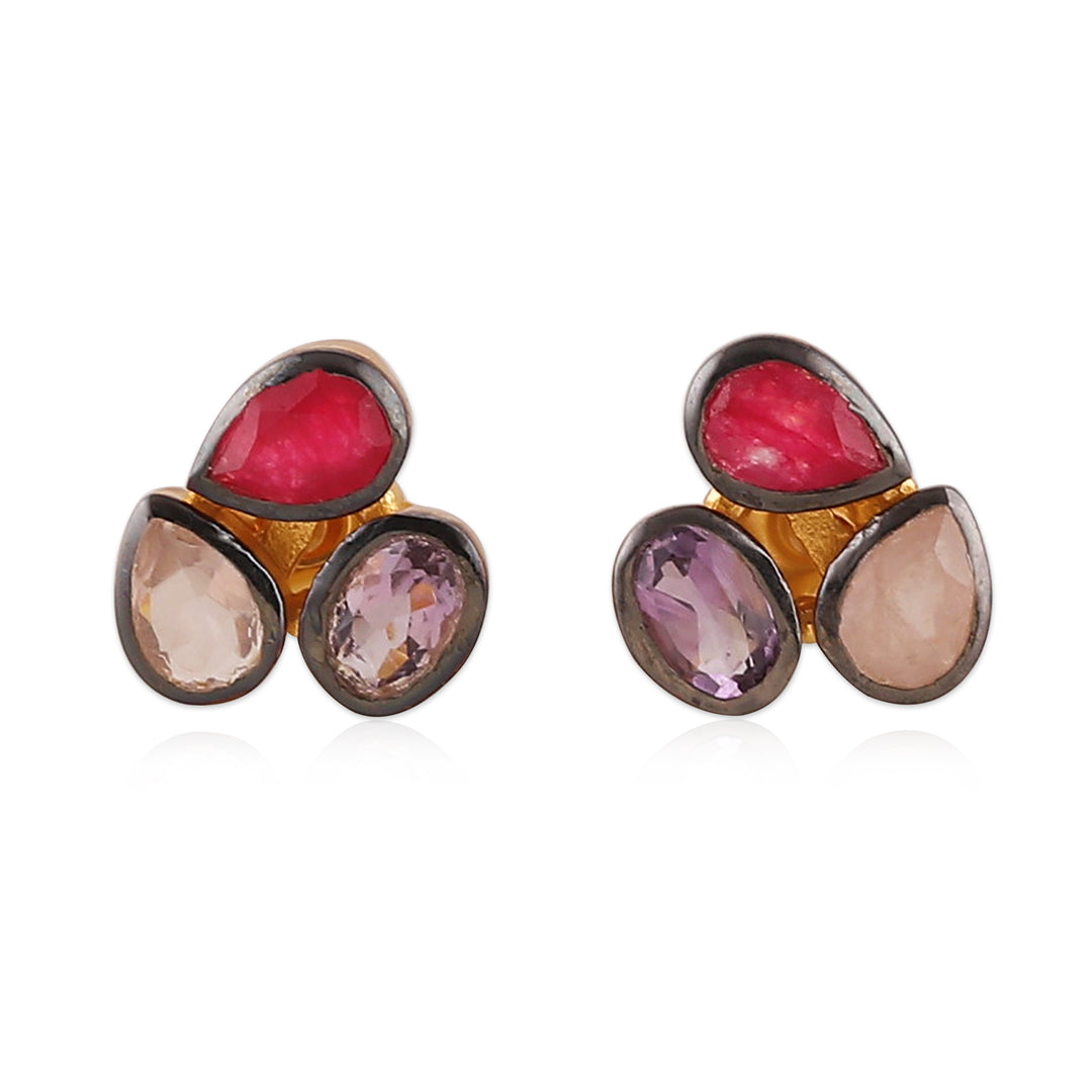 18k Gold-Accented 4-Carat Multi-Gemstone Button Earrings - Pretty Trio