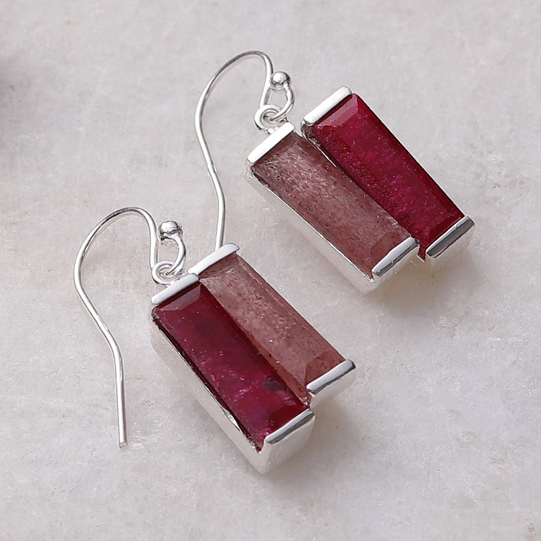Ruby Quartz and Sterling Silver Double Bar Dangle Earrings - Pink Alliance
