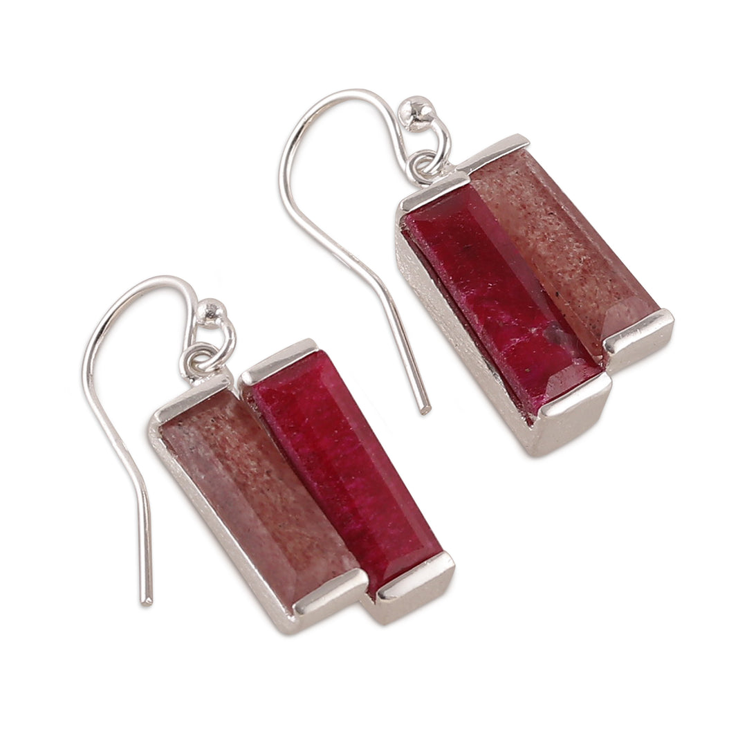 Ruby Quartz and Sterling Silver Double Bar Dangle Earrings - Pink Alliance