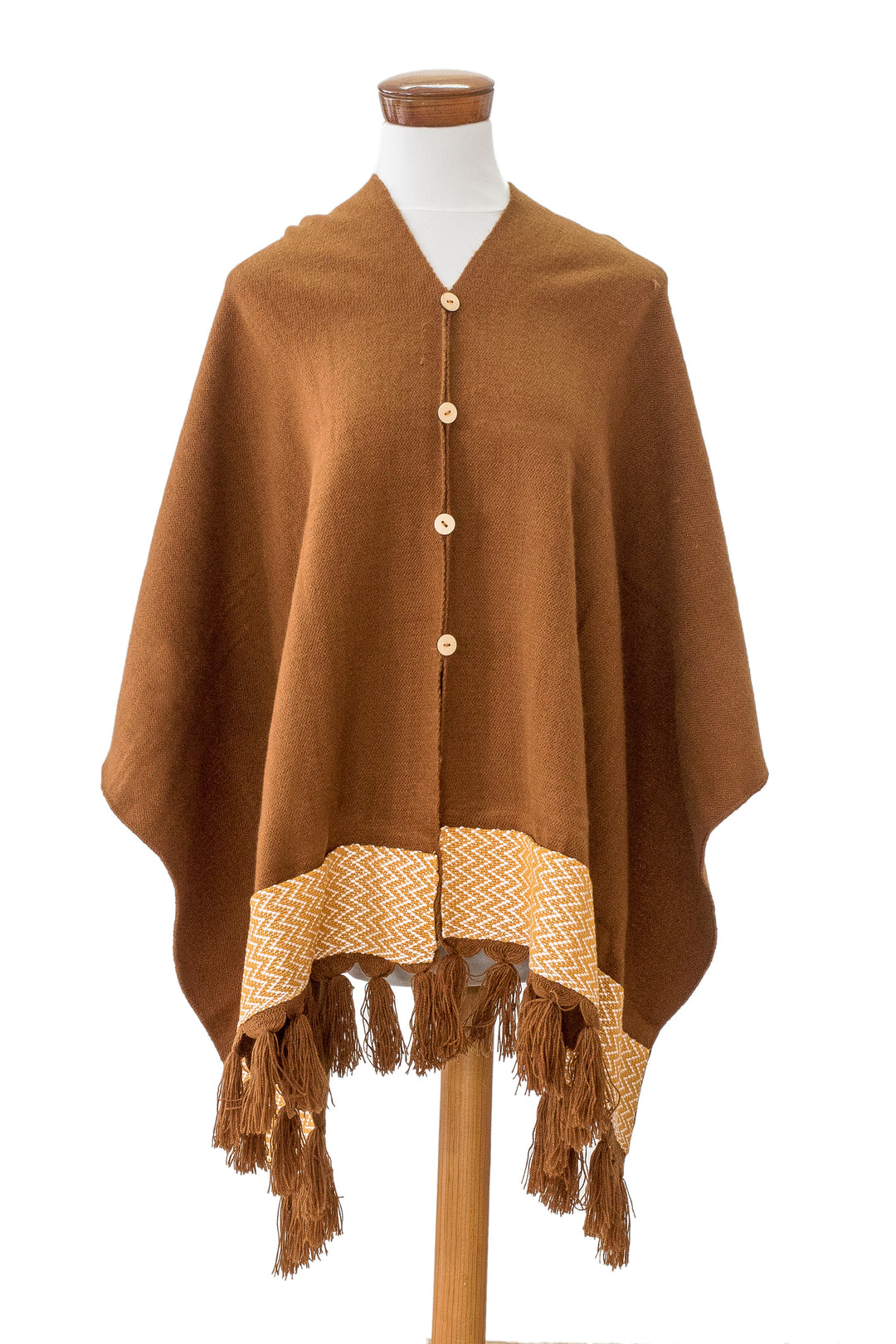 Handloomed Acrylic Cotton Poncho with Geometric Accents - Sepia Zigzag