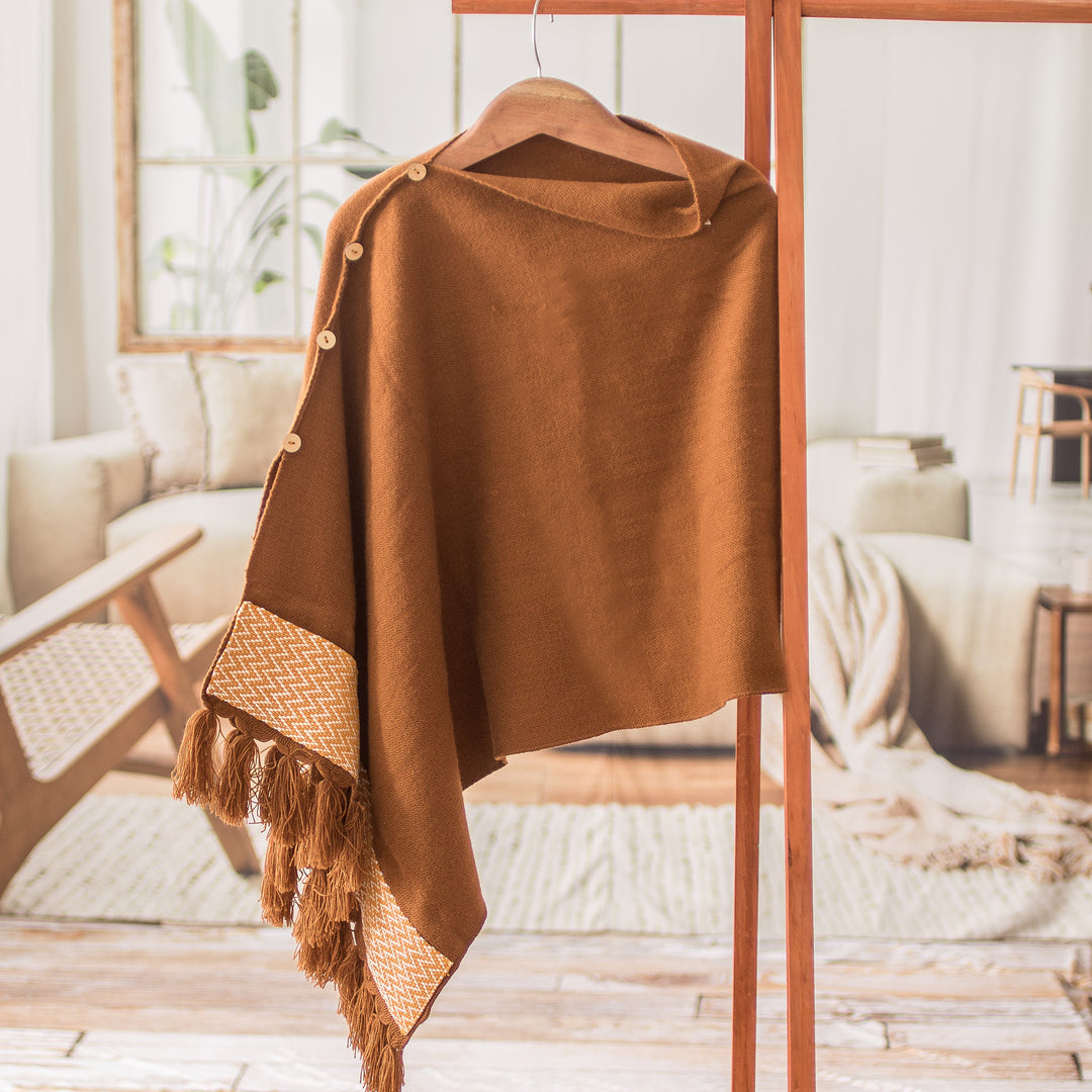 Handloomed Acrylic Cotton Poncho with Geometric Accents - Sepia Zigzag
