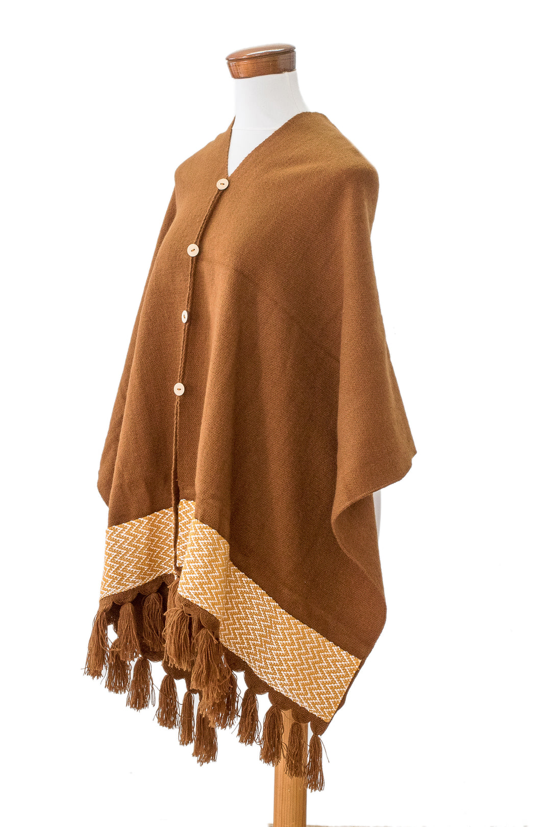 Handloomed Acrylic Cotton Poncho with Geometric Accents - Sepia Zigzag